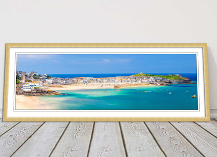 st Ives harbour panoramic framed picture print Cornwall beach and tropical water