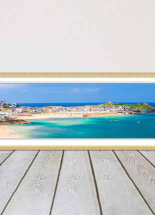 st Ives harbour panoramic framed picture print Cornwall beach and tropical water