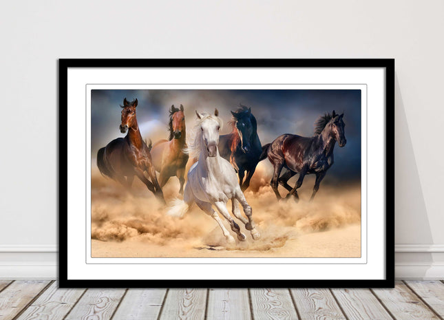 Wild horses galloping through sand. Framed picture choice on frames