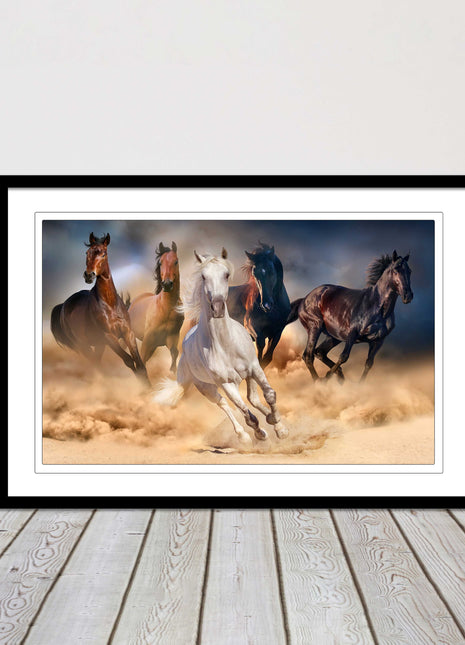 Wild horses galloping through sand. Framed picture choice on frames