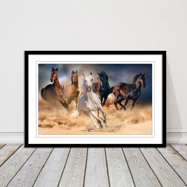 Wild horses galloping through sand. Framed picture choice on frames