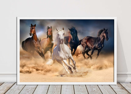 Wild horses galloping through sand. Framed picture choice on frames