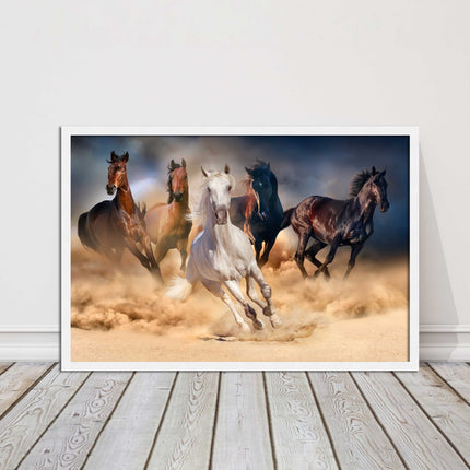 Wild horses galloping through sand. Framed picture choice on frames