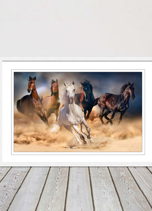 Wild horses galloping through sand. Framed picture choice on frames