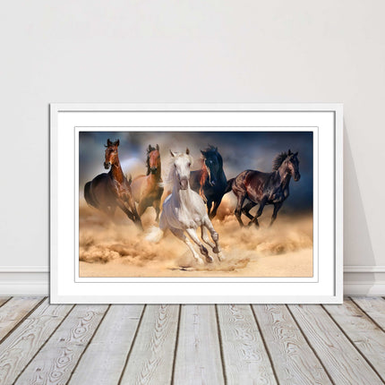 Wild horses galloping through sand. Framed picture choice on frames
