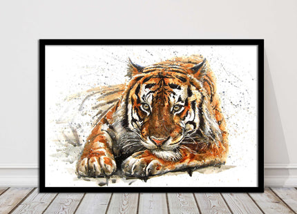 Tiger painting with paint splash modern art. Printed picture and framed
