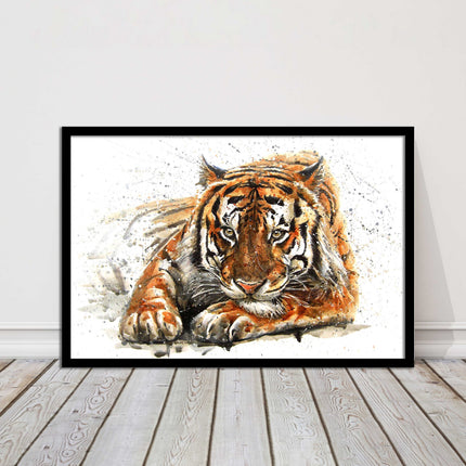 Tiger painting with paint splash modern art. Printed picture and framed