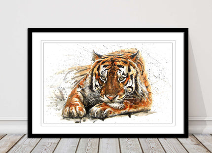 Tiger painting with paint splash modern art. Printed picture and framed