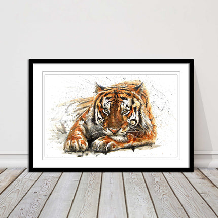Tiger painting with paint splash modern art. Printed picture and framed
