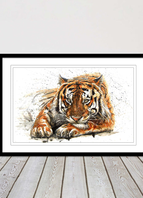 Tiger painting with paint splash modern art. Printed picture and framed