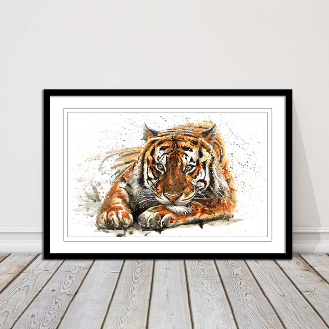 Tiger painting with paint splash modern art. Printed picture and framed