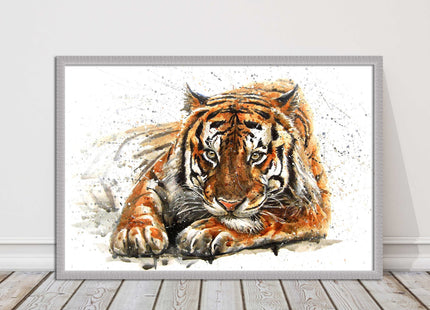 Tiger painting with paint splash modern art. Printed picture and framed
