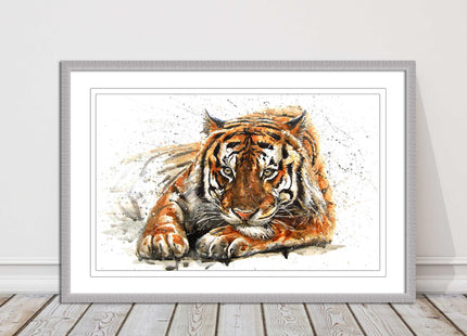 Tiger painting with paint splash modern art. Printed picture and framed