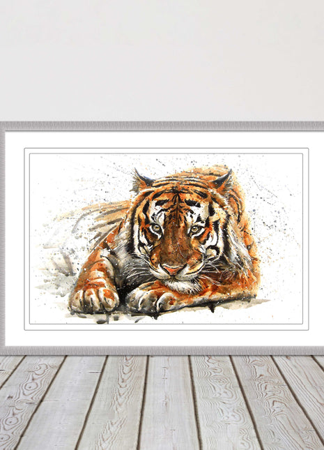 Tiger painting with paint splash modern art. Printed picture and framed