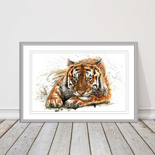 Tiger painting with paint splash modern art. Printed picture and framed