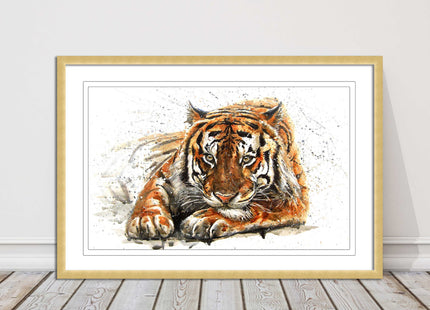 Tiger painting with paint splash modern art. Printed picture and framed