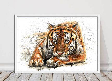 Tiger painting with paint splash modern art. Printed picture and framed