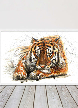 Tiger painting with paint splash modern art. Printed picture and framed