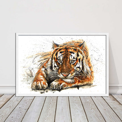 Tiger painting with paint splash modern art. Printed picture and framed