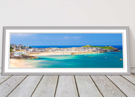 st Ives harbour panoramic framed picture print Cornwall beach and tropical water