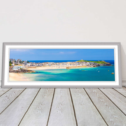 st Ives harbour panoramic framed picture print Cornwall beach and tropical water