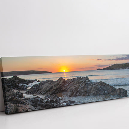 Crantock Beach at sunset. Panoramic canvas picture print. Cornwall beach scene.