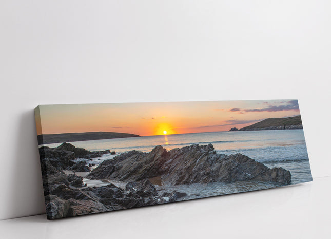 Crantock Beach at sunset. Panoramic canvas picture print. Cornwall beach scene.