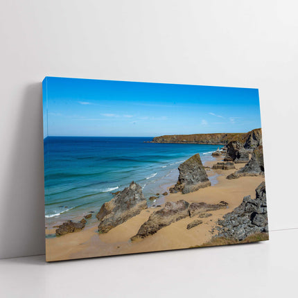 Bedruthan Steps, picturesque coastline, North Cornwall. Printed canvas picture