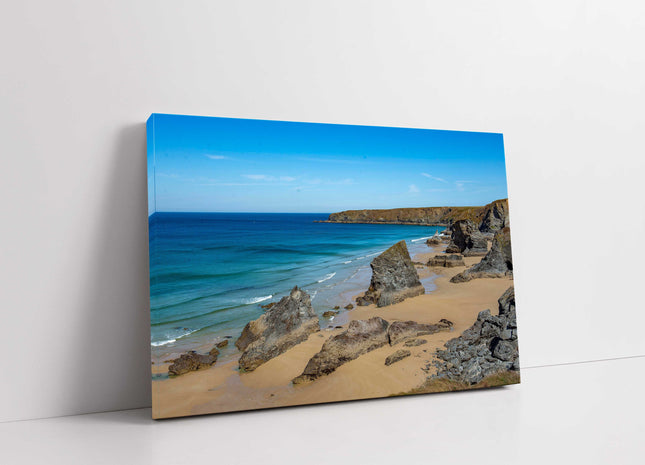 Bedruthan Steps, picturesque coastline, North Cornwall. Printed canvas picture