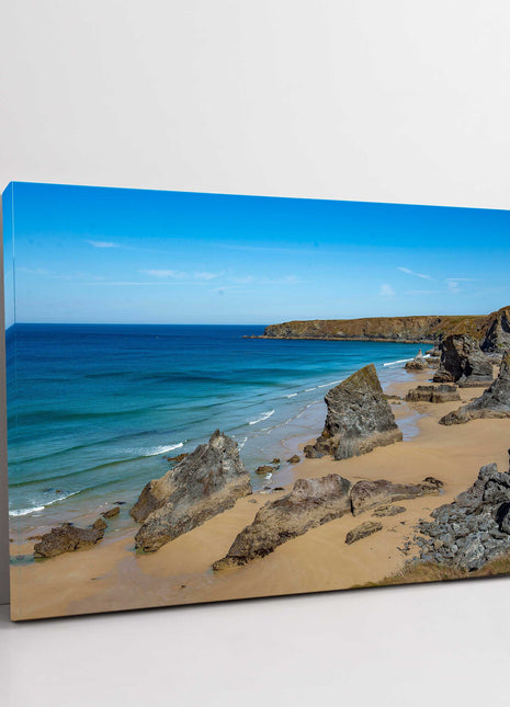 Bedruthan Steps, picturesque coastline, North Cornwall. Printed canvas picture