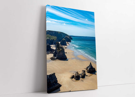 Bedruthan Steps, portrait view, North Cornwall. Printed canvas Picture.