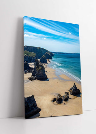 Bedruthan Steps, portrait view, North Cornwall. Printed canvas Picture.
