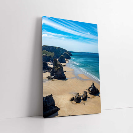 Bedruthan Steps, portrait view, North Cornwall. Printed canvas Picture.