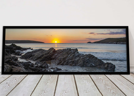Crantock Beach at sunset. Panoramic framed picture print, Cornwall beach scene