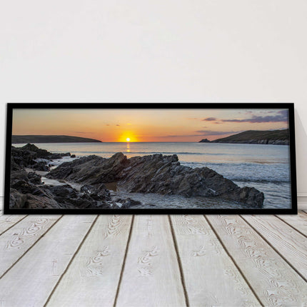 Crantock Beach at sunset. Panoramic framed picture print, Cornwall beach scene