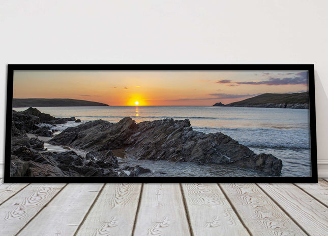Crantock Beach at sunset. Panoramic framed picture print, Cornwall beach scene