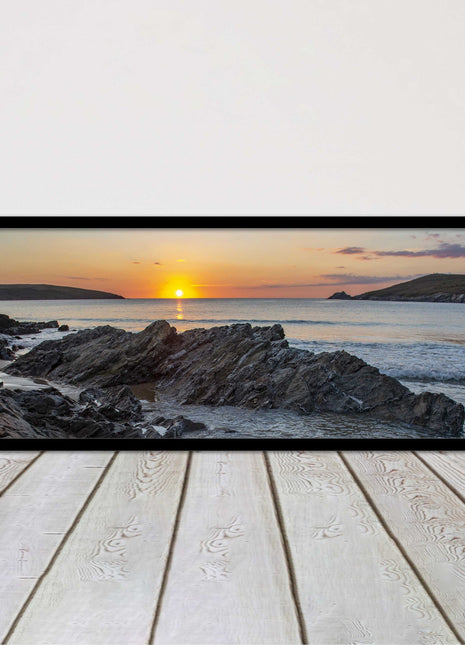 Crantock Beach at sunset. Panoramic framed picture print, Cornwall beach scene