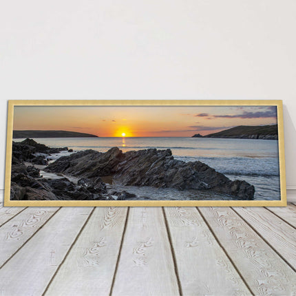 Crantock Beach at sunset. Panoramic framed picture print, Cornwall beach scene