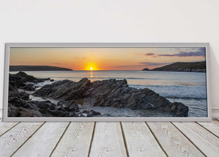 Crantock Beach at sunset. Panoramic framed picture print, Cornwall beach scene