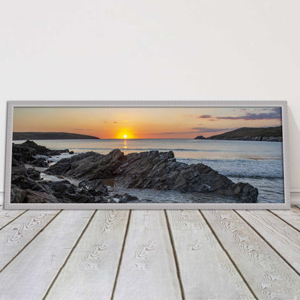 Crantock Beach at sunset. Panoramic framed picture print, Cornwall beach scene