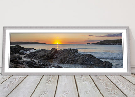 Crantock Beach at sunset. Panoramic framed picture print, Cornwall beach scene