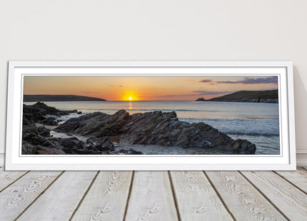 Crantock Beach at sunset. Panoramic framed picture print, Cornwall beach scene
