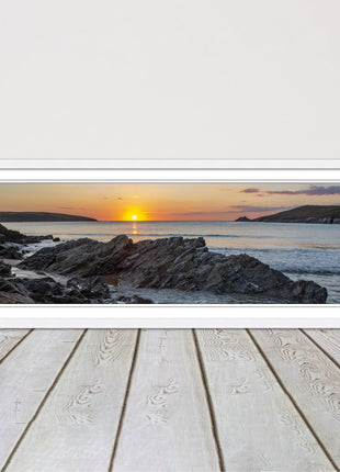 Crantock Beach at sunset. Panoramic framed picture print, Cornwall beach scene