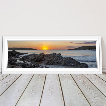 Crantock Beach at sunset. Panoramic framed picture print, Cornwall beach scene