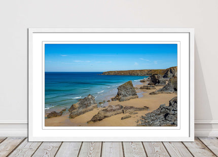 Bedruthan Steps, coastline in north Cornwall. framed picture print sunny vibrant