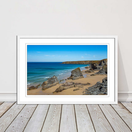 Bedruthan Steps, coastline in north Cornwall. framed picture print sunny vibrant