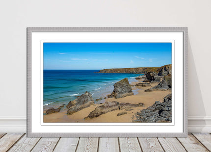 Bedruthan Steps, coastline in north Cornwall. framed picture print sunny vibrant