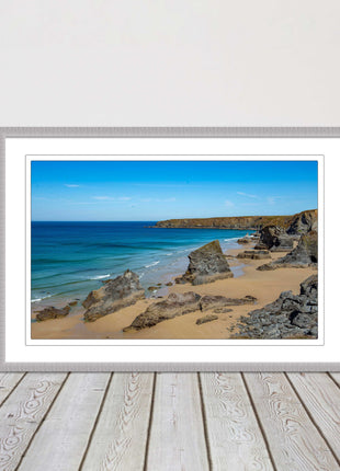 Bedruthan Steps, coastline in north Cornwall. framed picture print sunny vibrant