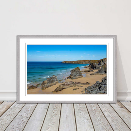Bedruthan Steps, coastline in north Cornwall. framed picture print sunny vibrant