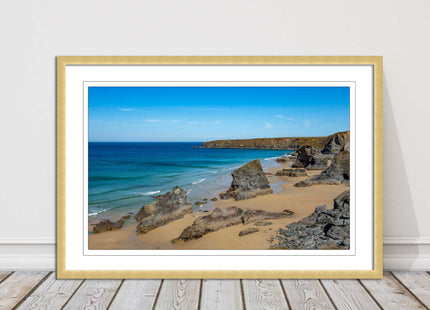 Bedruthan Steps, coastline in north Cornwall. framed picture print sunny vibrant